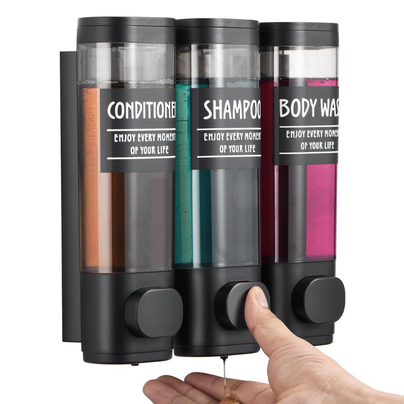 GlintGath Shampoo and Conditioner Dispenser GlintGath Shower Dispenser 3 Chamber No Drill Shampoo Dispenser for Shower Wall Mounted Shower Soap Dispenser for Bathroom Hotel 3 * 300ML Matte Black - Image 1
